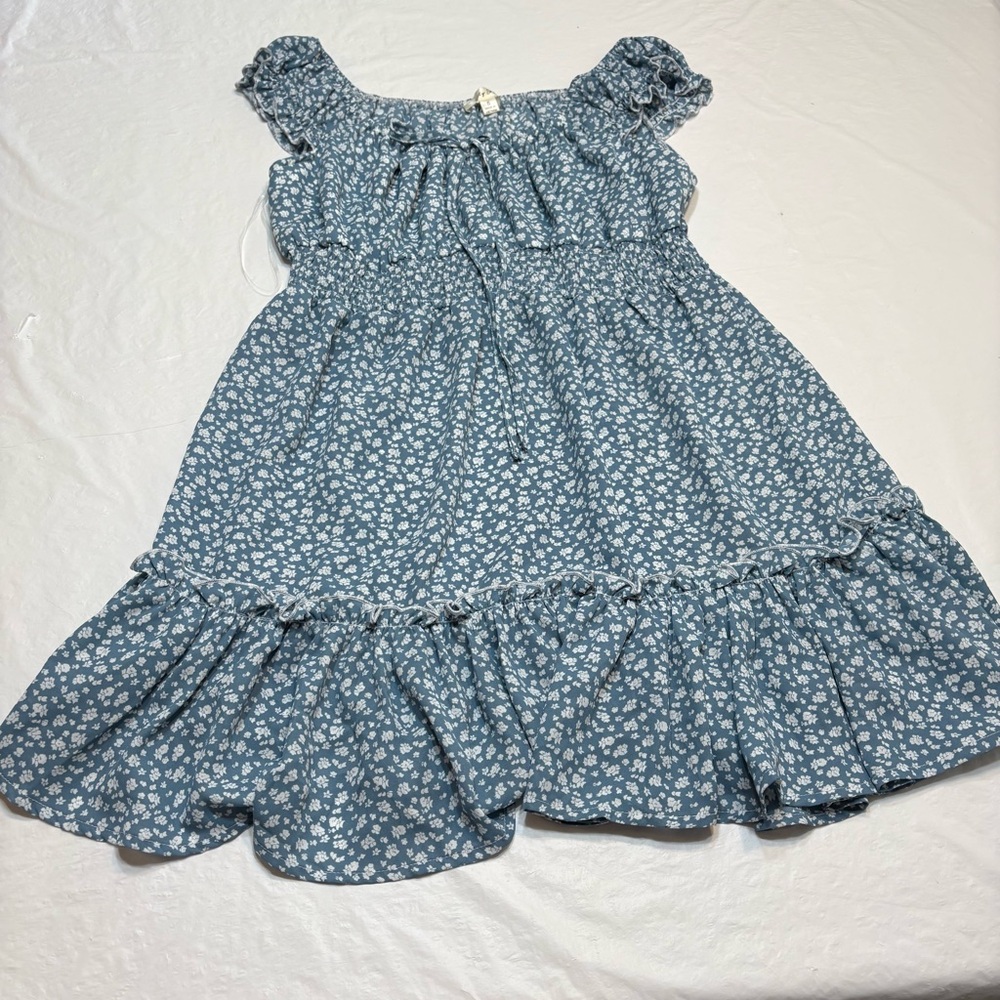 Lily Sky Blue Floral Short Sleeve Ruffled Mini Dress Women’s Small